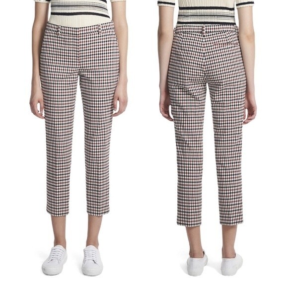 NEW Theory Treeca Ivory Portland Plaid Cropped Pants Size 10 Black Red Cream - Picture 1 of 15
